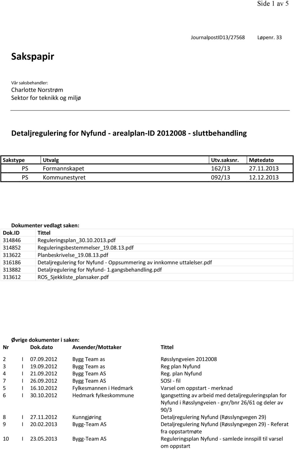 Møtedato PS Formannskapet 162/13 27.11.2013 PS Kommunestyret 092/13 12.12.2013 Dokumenter vedlagt saken: Dok.ID Tittel 314846 Reguleringsplan_30.10.2013.pdf 314852 Reguleringsbestemmelser_19.08.13.pdf 313622 Planbeskrivelse_19.