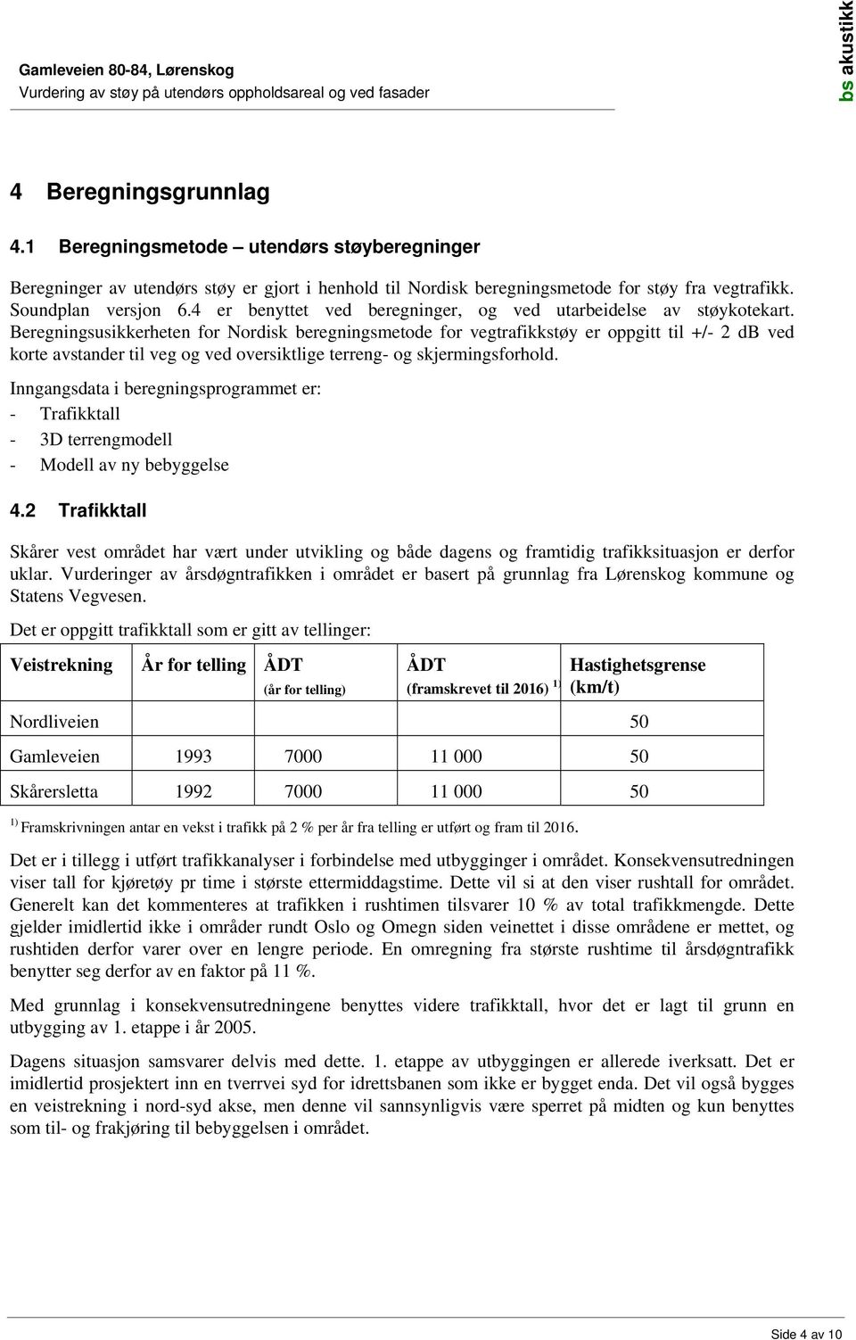 Beregningsusikkerheten for Nordisk beregningsmetode for vegtrafikkstøy er oppgitt til +/- 2 db ved korte avstander til veg og ved oversiktlige terreng- og skjermingsforhold.