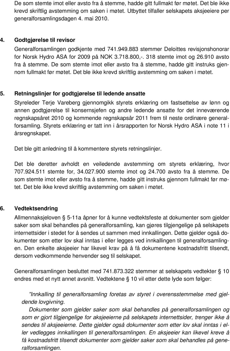 883 stemmer Deloittes revisjonshonorar for Norsk Hydro ASA for 2009 på NOK 3.718.800,-. 318 stemte imot og 26.910 avsto fra å stemme.