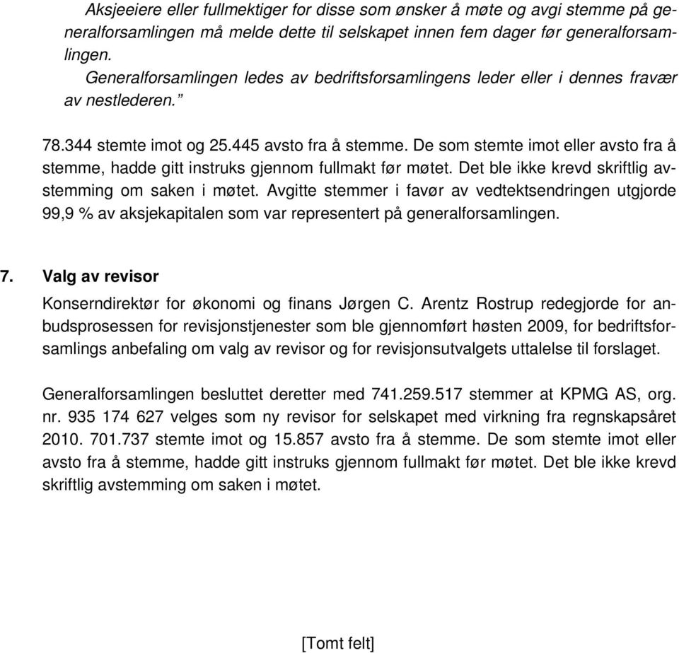 De som stemte imot eller avsto fra å stemme, hadde gitt instruks gjennom fullmakt før møtet. Det ble ikke krevd skriftlig avstemming om saken i møtet.