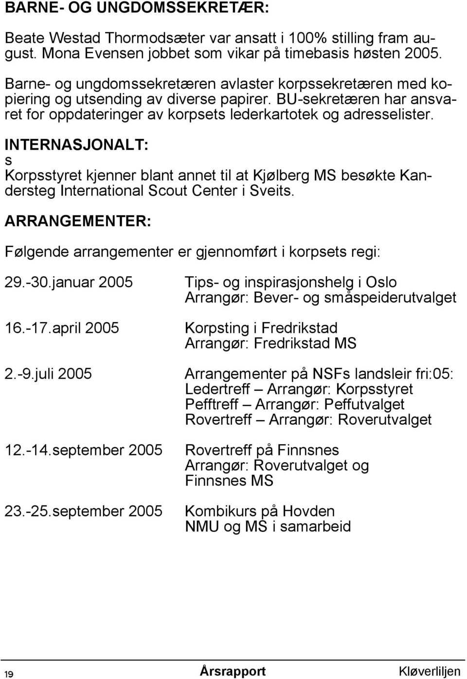 INTERNASJONALT: s Korpsstyret kjenner blant annet til at Kjølberg MS besøkte Kandersteg International Scout Center i Sveits. ARRANGEMENTER: Følgende arrangementer er gjennomført i korpsets regi: 29.
