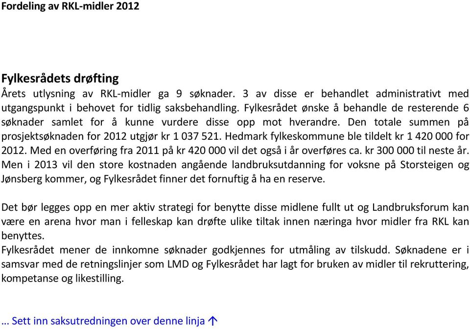 Hedmark fylkeskommune ble tildelt kr 1 420 000 for 2012. Med en overføring fra 2011 på kr 420 000 vil det også i år overføres ca. kr 300 000 til neste år.