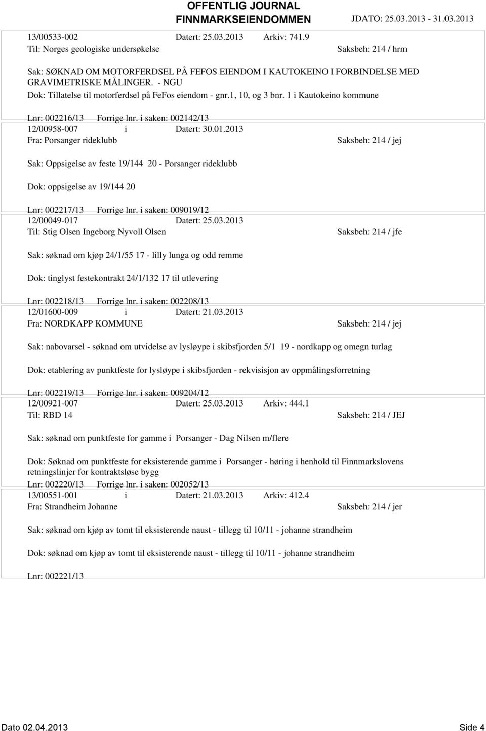 2013 Fra: Porsanger rideklubb Sak: Oppsigelse av feste 19/144 20 - Porsanger rideklubb Dok: oppsigelse av 19/144 20 Lnr: 002217/13 Forrige lnr. i saken: 009019/12 12/00049-017 Datert: 25.03.