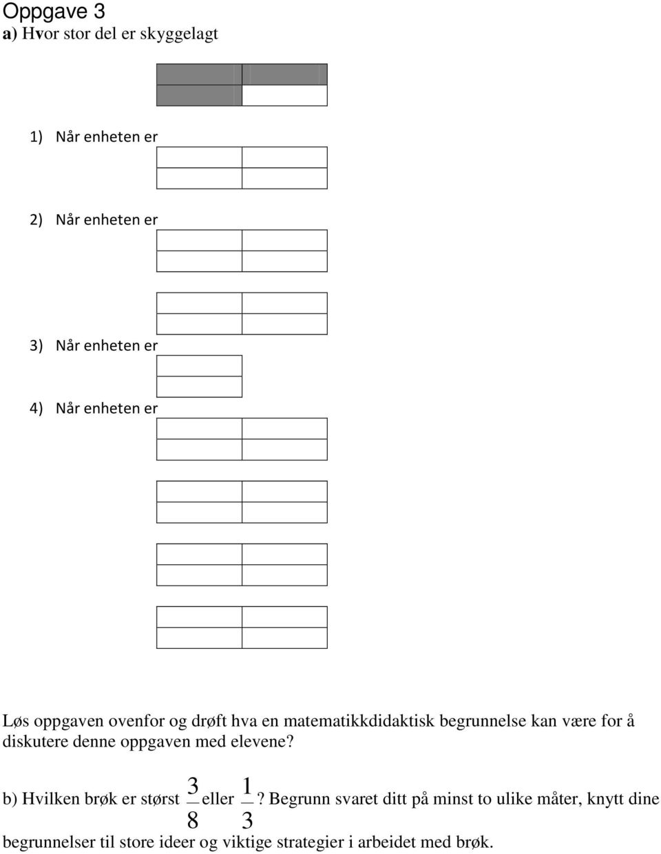 diskutere denne oppgaven med elevene? b) Hvilken brøk er størst 8 3 eller 3 1?