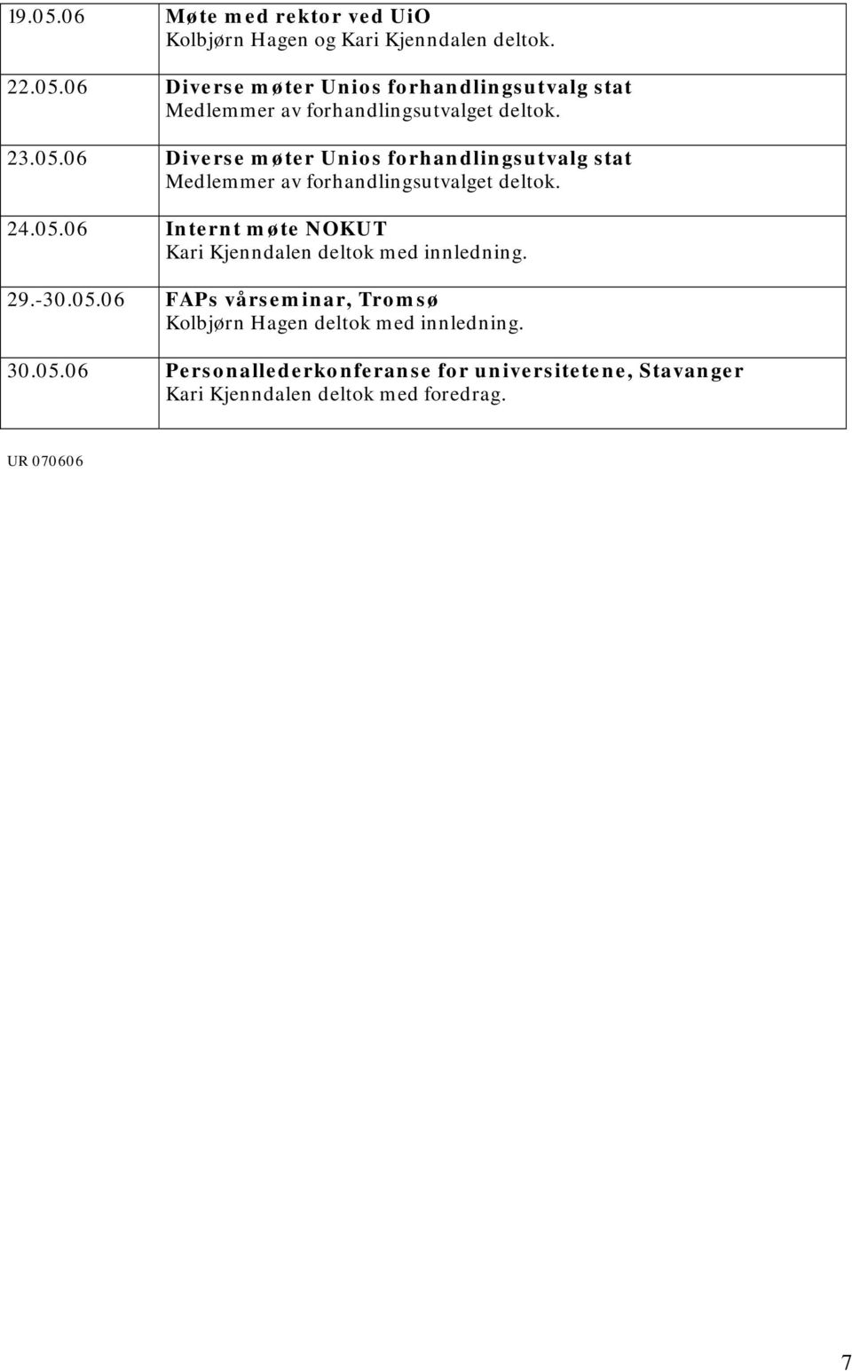 29.-30.05.06 FAPs vårseminar, Tromsø Kolbjørn Hagen deltok med innledning. 30.05.06 Personallederkonferanse for universitetene, Stavanger Kari Kjenndalen deltok med foredrag.