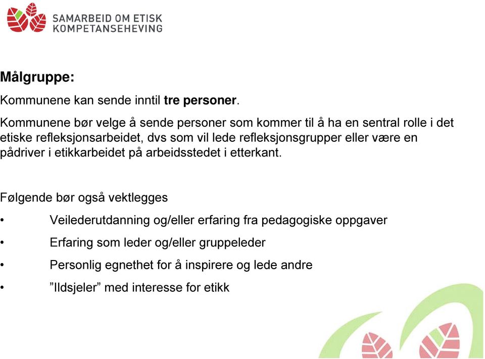 lede refleksjonsgrupper eller være en pådriver i etikkarbeidet på arbeidsstedet i etterkant.