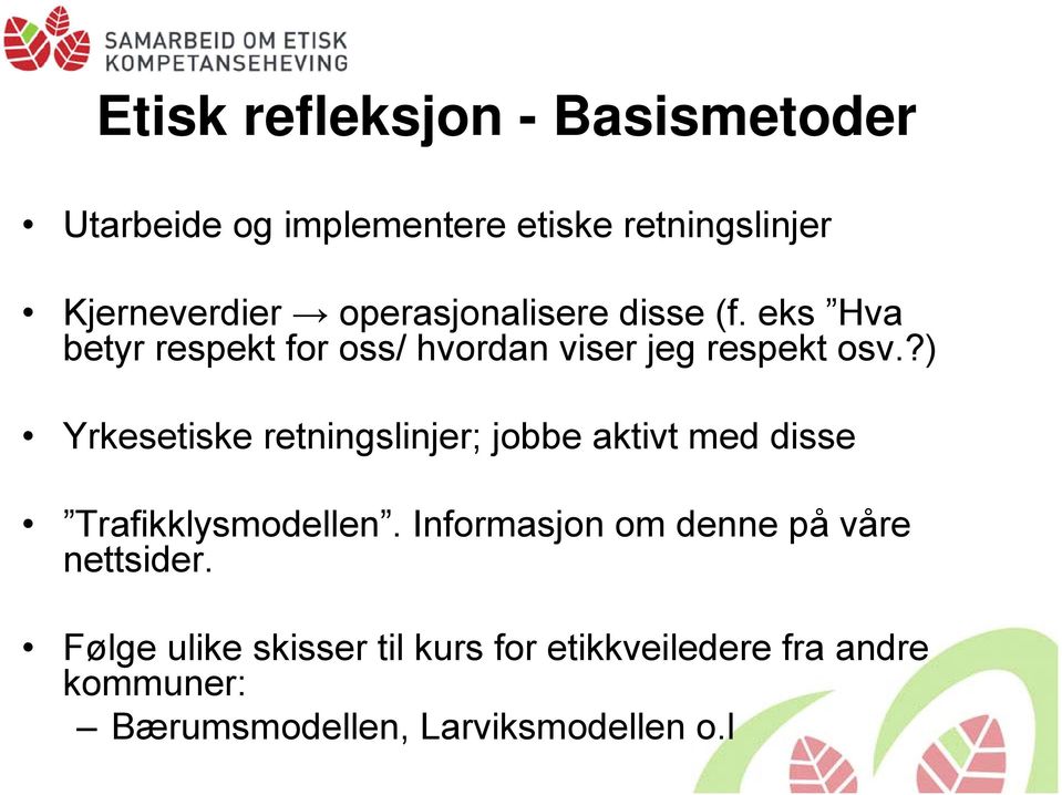 ?) Yrkesetiske retningslinjer; jobbe aktivt med disse Trafikklysmodellen.