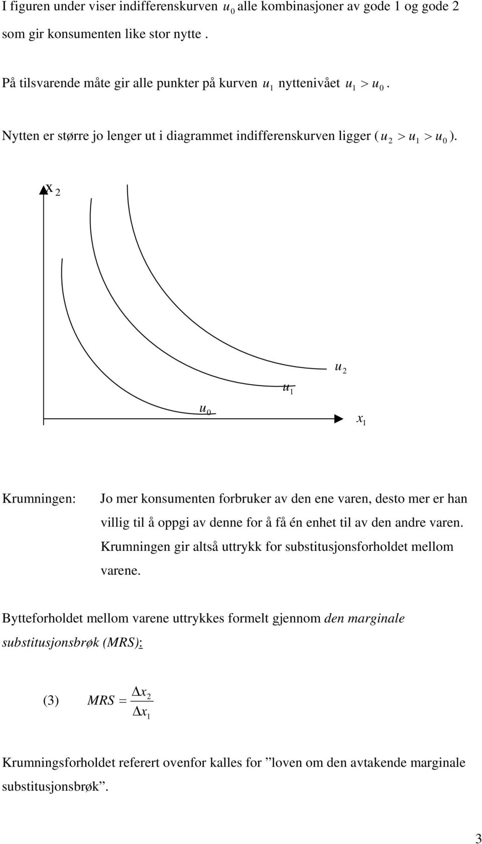 u0 x u u u 0 x Krumningen: Jo mer konsumenten forbruker av den ene varen, desto mer er han villig til å ogi av denne for å få én enhet til av den andre varen.