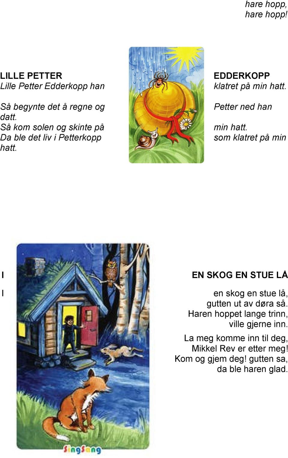 Petter ned han min hatt. som klatret på min I I EN SKOG EN STUE LÅ en skog en stue lå, gutten ut av døra så.