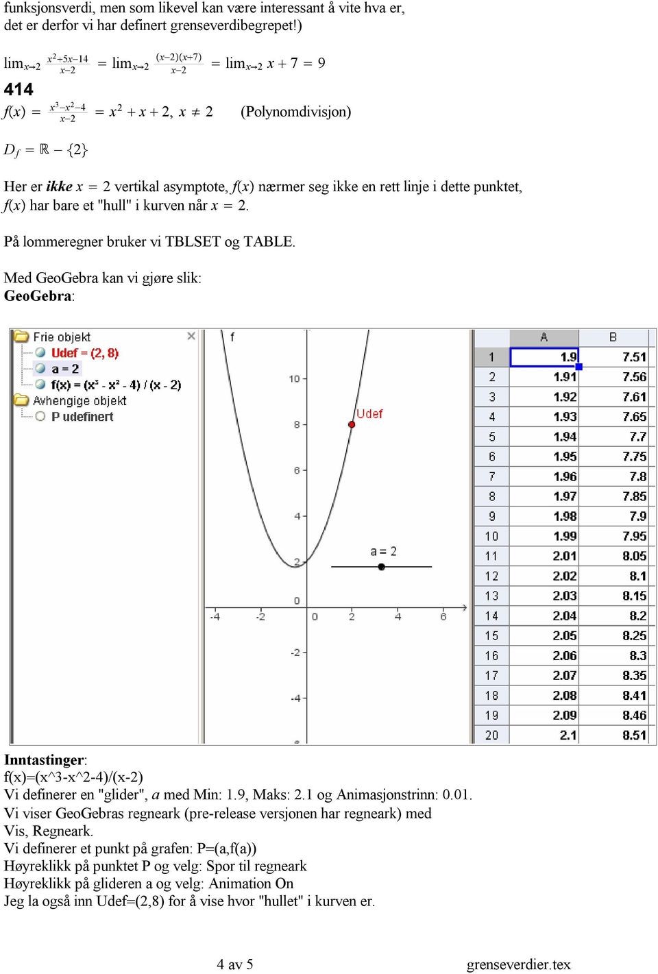 kurven når x 2. På lommeregner bruker vi TBLSET og TABLE. Med GeoGebra kan vi gjøre slik: GeoGebra: Inntastinger: f(x) (x^3-x^2-4)/(x-2) Vi definerer en "glider", a med Min:.9, Maks: 2.