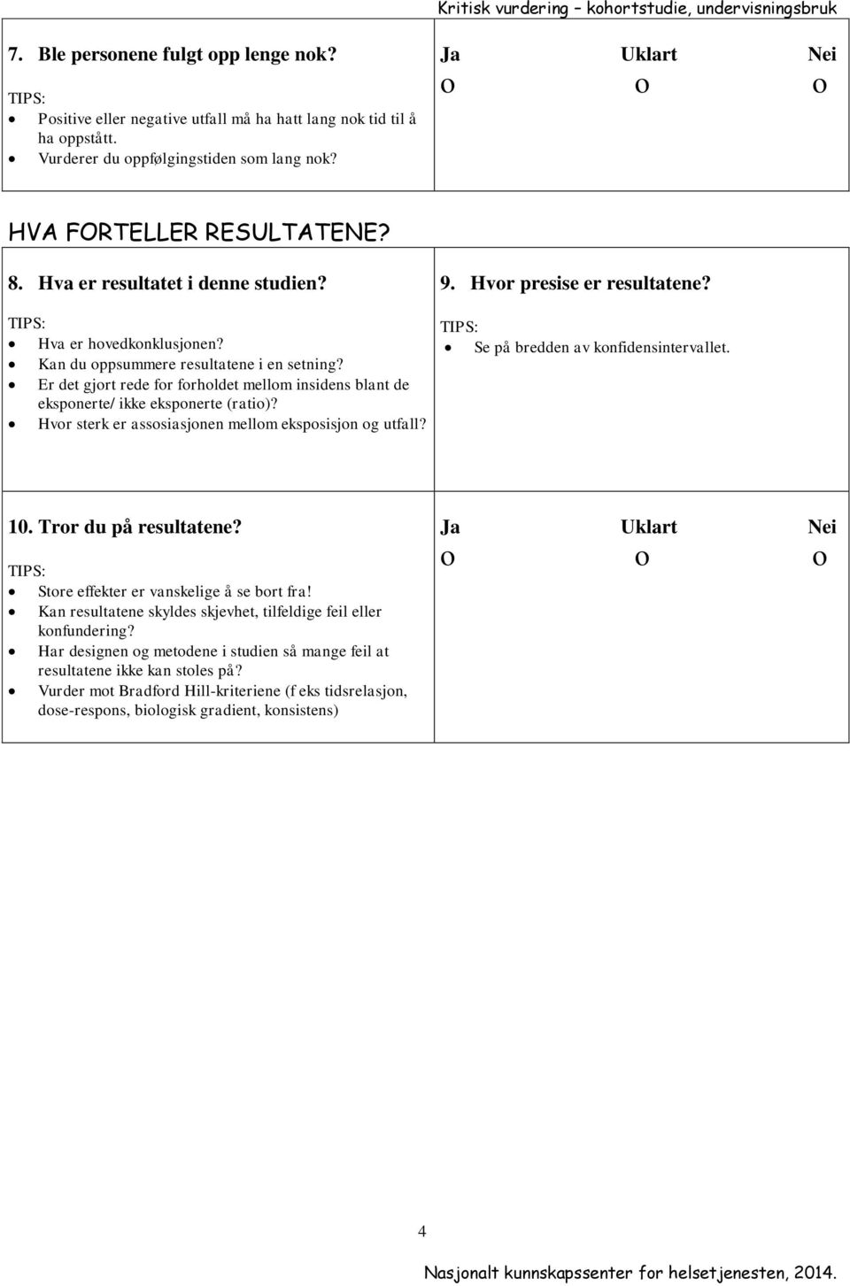 Hvor sterk er assosiasjonen mellom eksposisjon og utfall? 9. Hvor presise er resultatene? Se på bredden av konfidensintervallet. 10. Tror du på resultatene? Store effekter er vanskelige å se bort fra!