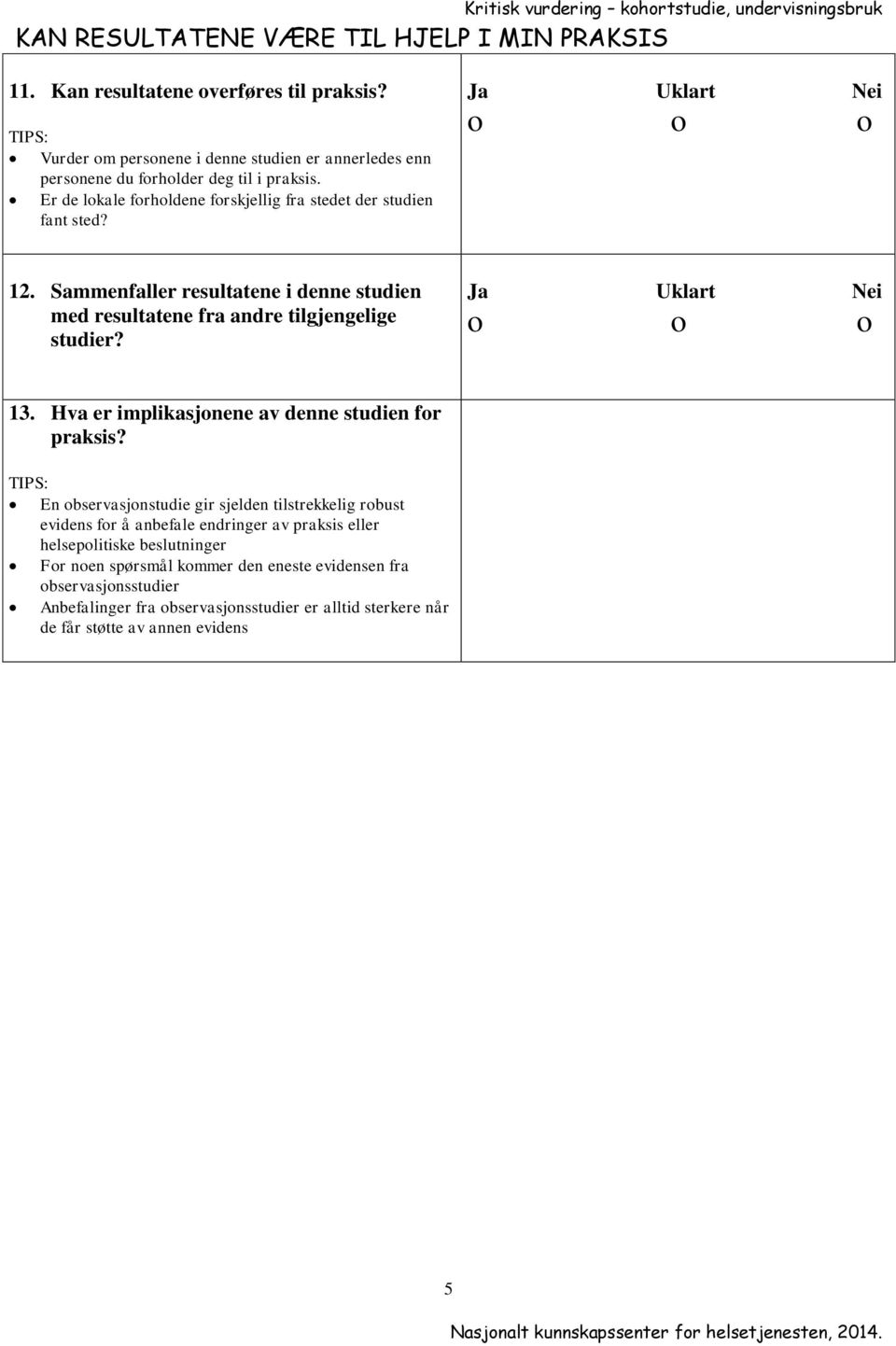 Sammenfaller resultatene i denne studien med resultatene fra andre tilgjengelige studier? 13. Hva er implikasjonene av denne studien for praksis?