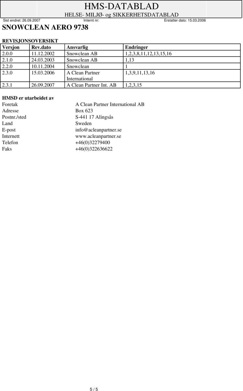 2007 A Clean Partner Int. AB 1,2,3,15 HMSD er utarbeidet av Foretak A Clean Partner International AB Adresse Box 623 Postnr.
