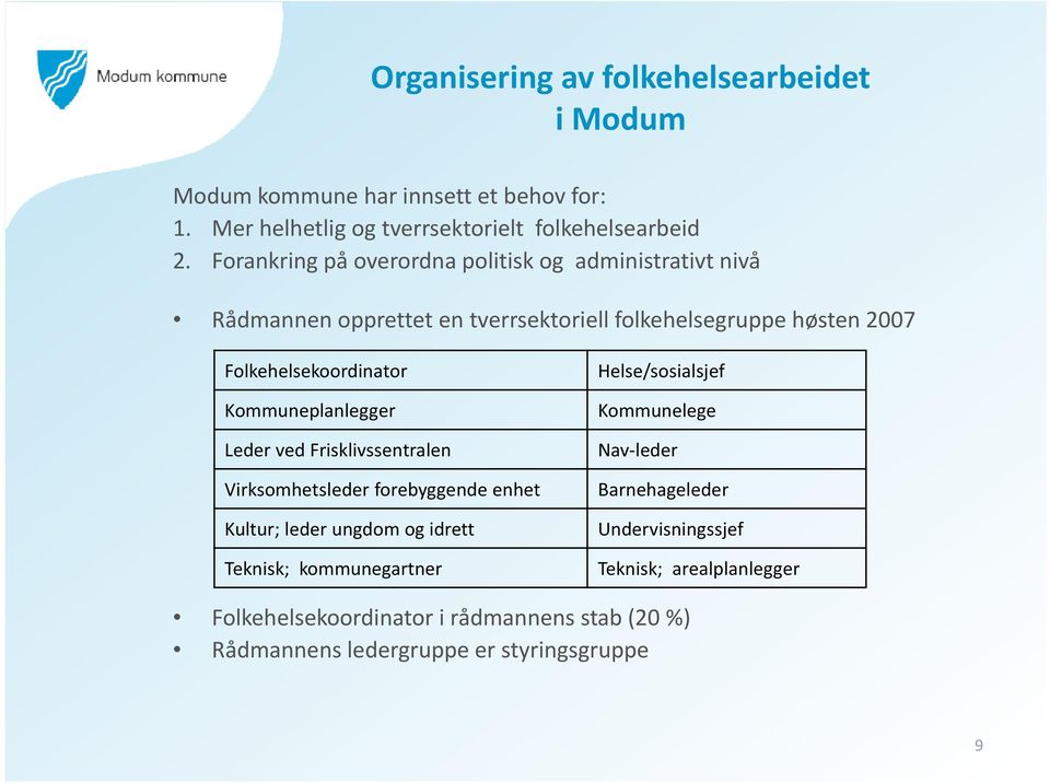 Kommuneplanlegger Leder ved Frisklivssentralen Virksomhetsleder forebyggende enhet Kultur; leder ungdom og idrett Teknisk; kommunegartner