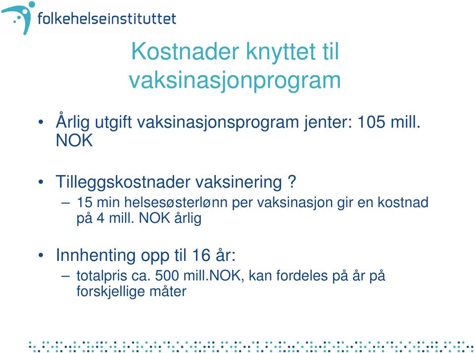 15 min helsesøsterlønn per vaksinasjon gir en kostnad på 4 mill.