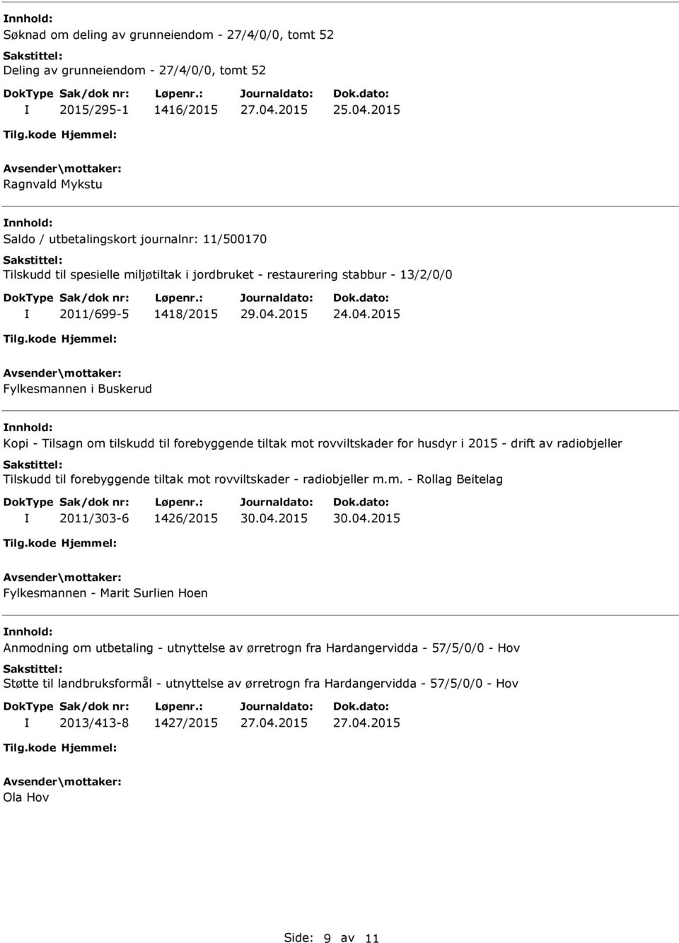 2015 Fylkesmannen i Buskerud nnhold: Kopi - Tilsagn om tilskudd til forebyggende tiltak mot rovviltskader for husdyr i 2015 - drift av radiobjeller Tilskudd til forebyggende tiltak mot rovviltskader