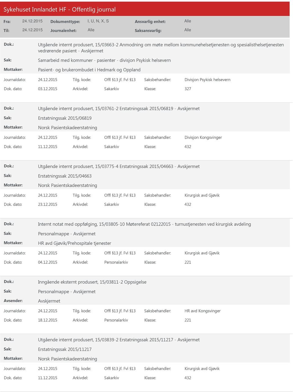 2015 Arkivdel: Sakarkiv 327 tgående internt produsert, 15/03761-2 Erstatningssak 2015/06819 - Erstatningssak 2015/06819 Divisjon Kongsvinger tgående internt produsert, 15/03775-4 Erstatningssak