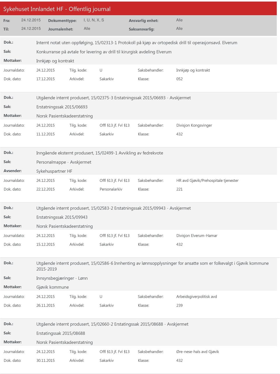 2015 Arkivdel: Sakarkiv 052 tgående internt produsert, 15/02375-3 Erstatningssak 2015/06693 - Erstatningssak 2015/06693 Divisjon Kongsvinger Inngående eksternt produsert, 15/02499-1 Avvikling av