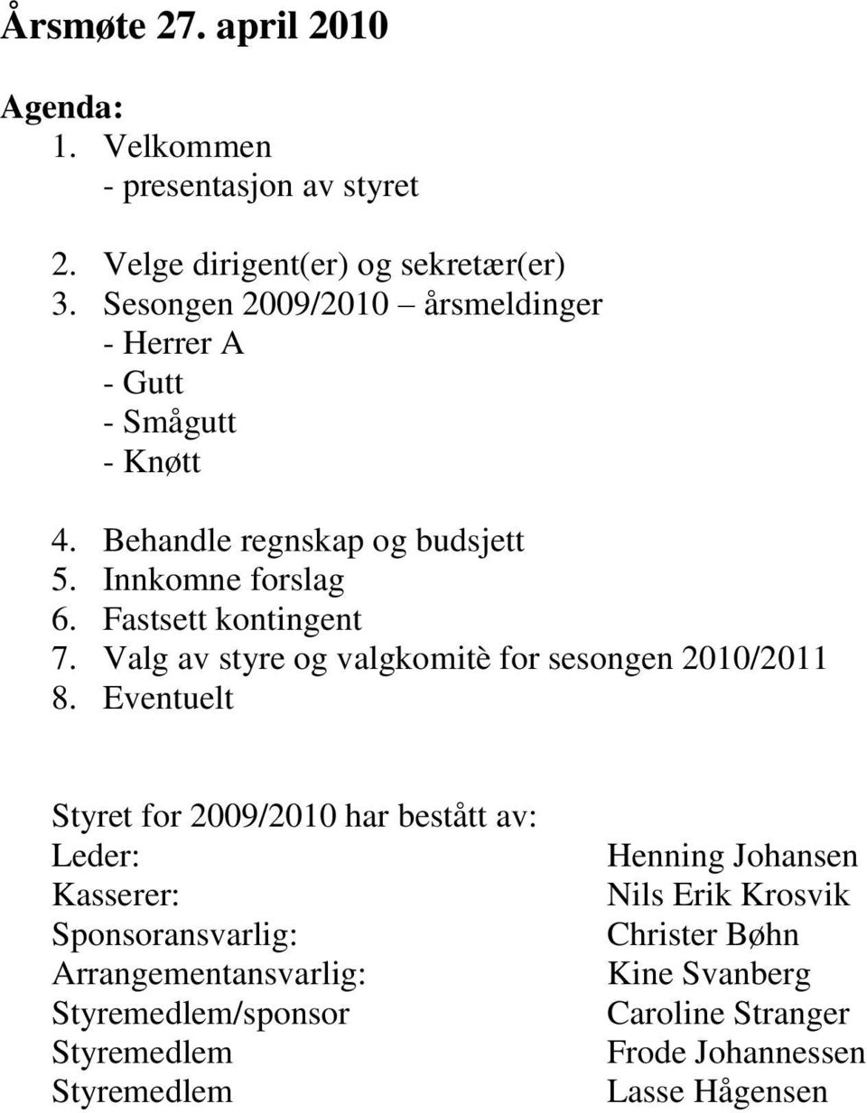 Fastsett kontingent 7. Valg av styre og valgkomitè for sesongen 2010/2011 8.