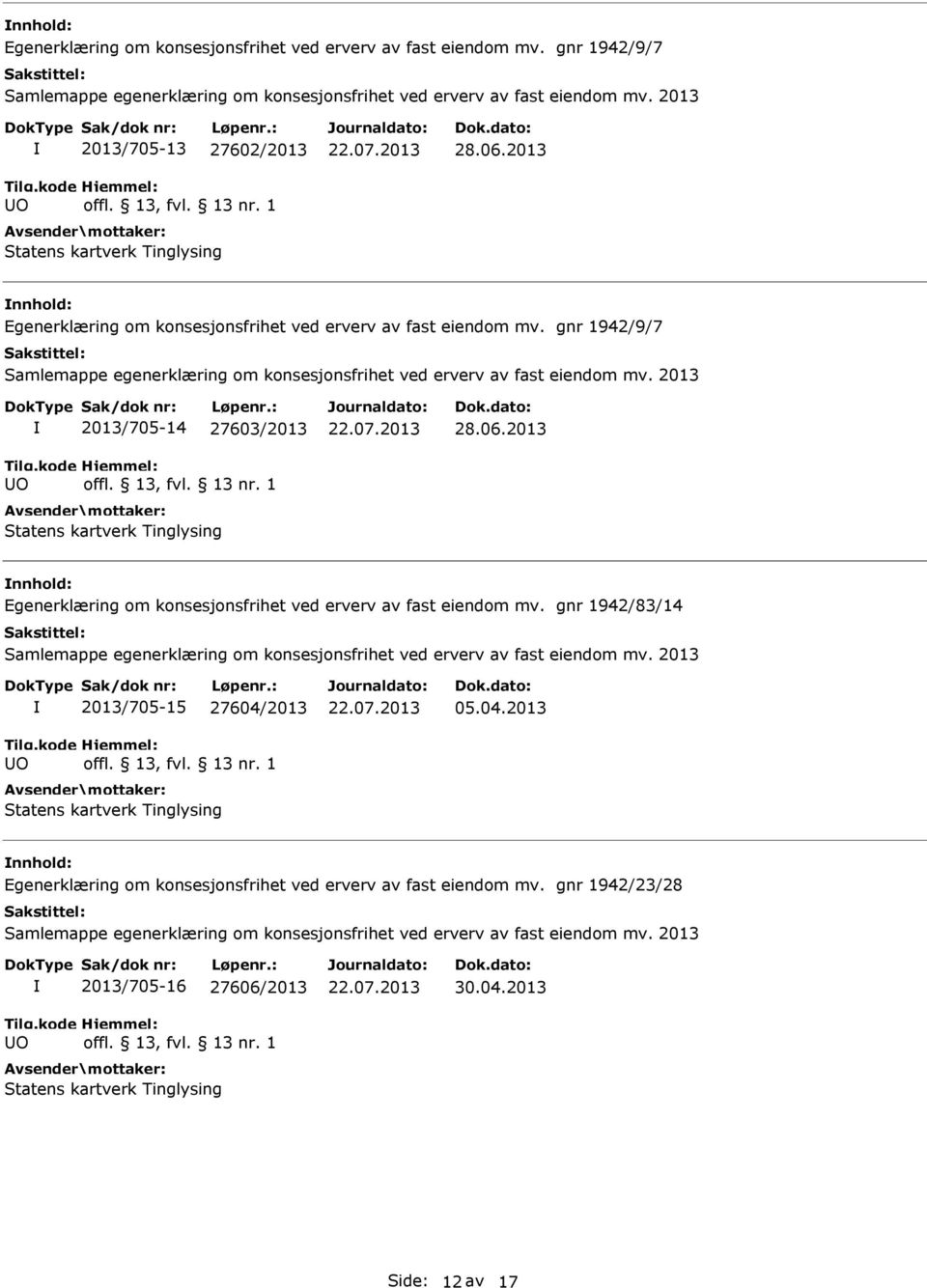 2013 generklæring om konsesjonsfrihet ved erverv av fast eiendom mv. gnr 1942/83/14 O 2013/705-15 27604/