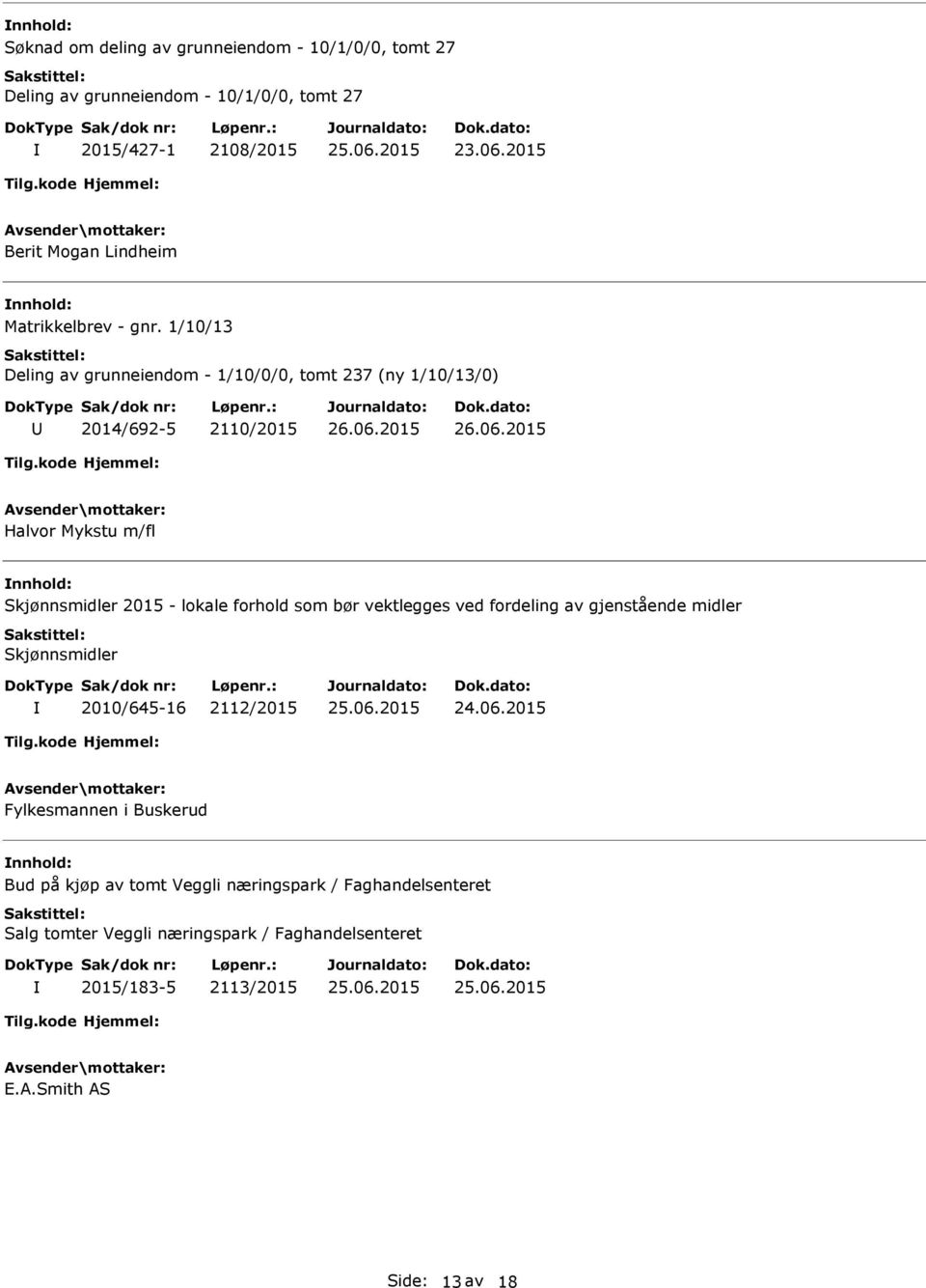 1/10/13 Deling av grunneiendom - 1/10/0/0, tomt 237 (ny 1/10/13/0) 2014/692-5 2110/2015 Halvor Mykstu m/fl nnhold: Skjønnsmidler 2015 - lokale forhold