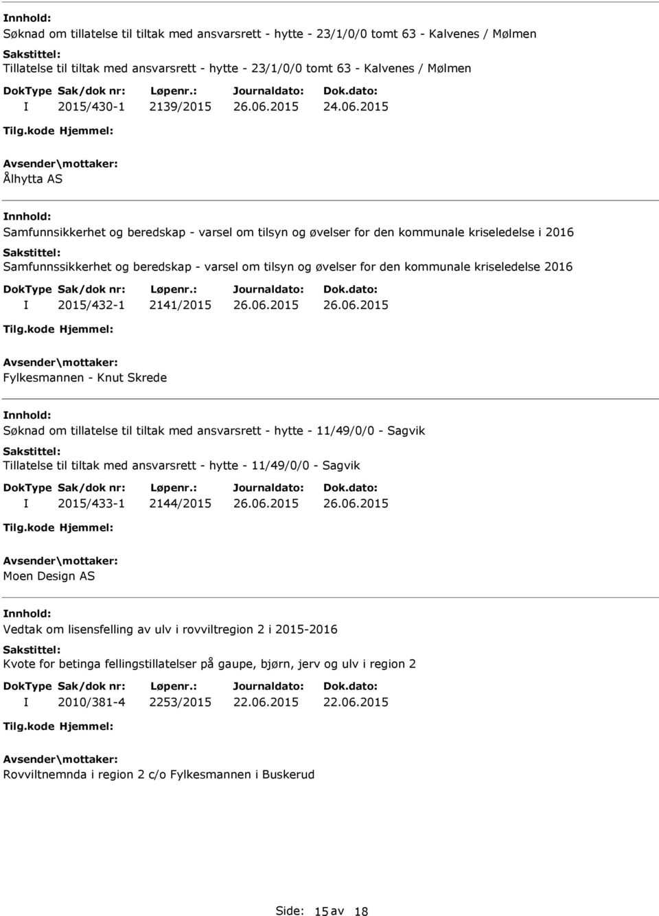 kommunale kriseledelse 2016 2015/432-1 2141/2015 Fylkesmannen - Knut Skrede nnhold: Søknad om tillatelse til tiltak med ansvarsrett - hytte - 11/49/0/0 - Sagvik Tillatelse til tiltak med ansvarsrett