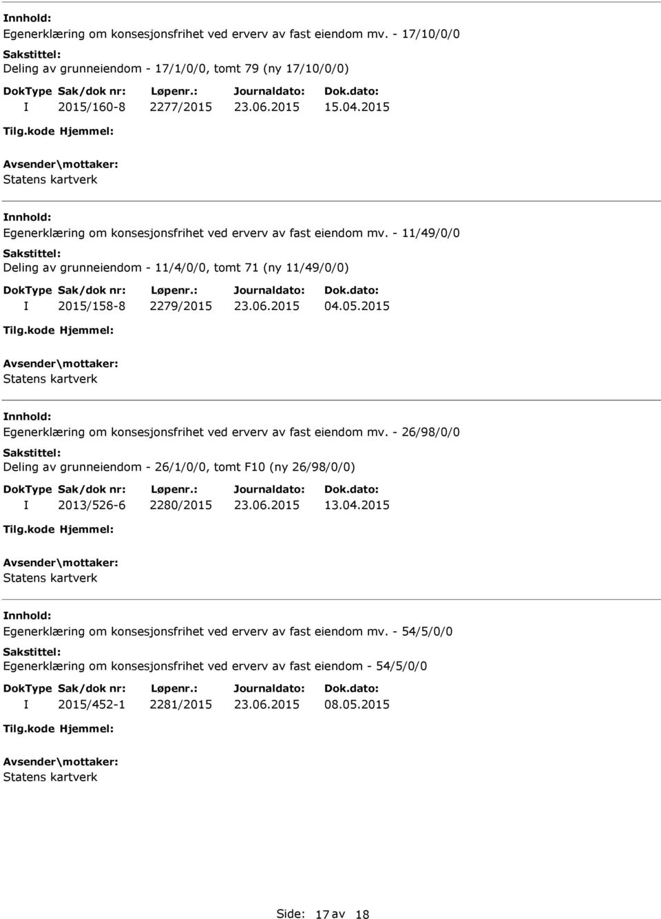 2015 nnhold: Egenerklæring om konsesjonsfrihet ved erverv av fast eiendom mv. - 26/98/0/0 Deling av grunneiendom - 26/1/0/0, tomt F10 (ny 26/98/0/0) 2013/526-6 2280/2015 13.04.