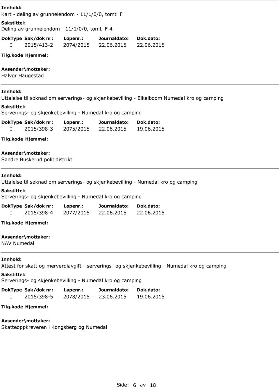 2015 Søndre Buskerud politidistrikt nnhold: ttalelse til søknad om serverings- og skjenkebevilling - Numedal kro og camping Serverings- og skjenkebevilling - Numedal kro og camping 2015/398-4