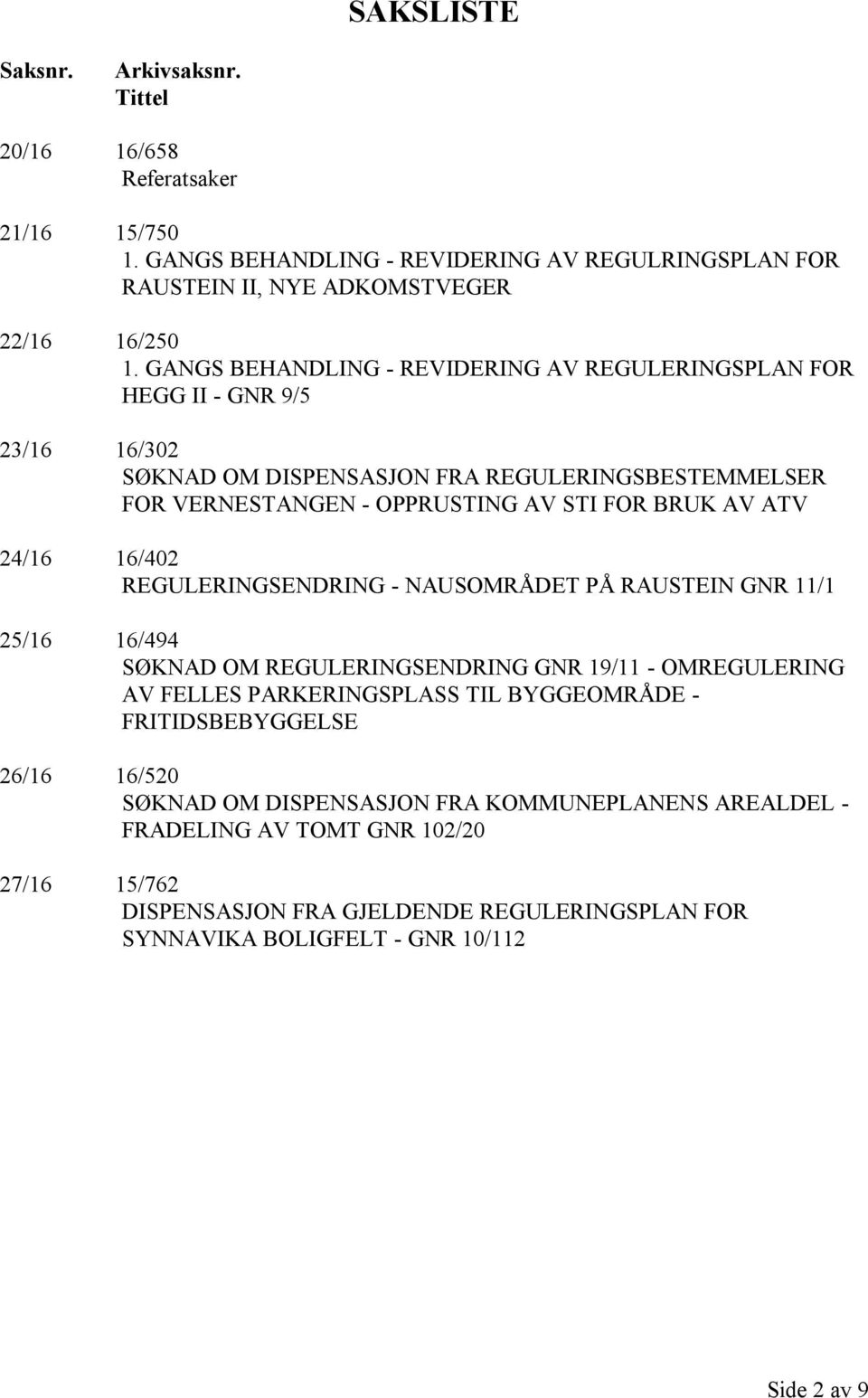 24/16 16/402 REGULERINGSENDRING - NAUSOMRÅDET PÅ RAUSTEIN GNR 11/1 25/16 16/494 SØKNAD OM REGULERINGSENDRING GNR 19/11 - OMREGULERING AV FELLES PARKERINGSPLASS TIL BYGGEOMRÅDE -