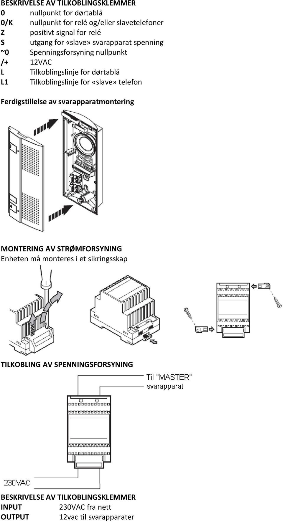 Tilkoblingslinje for «slave» telefon Ferdigstillelse av svarapparatmontering MONTERING AV STRØMFORSYNING Enheten må monteres i