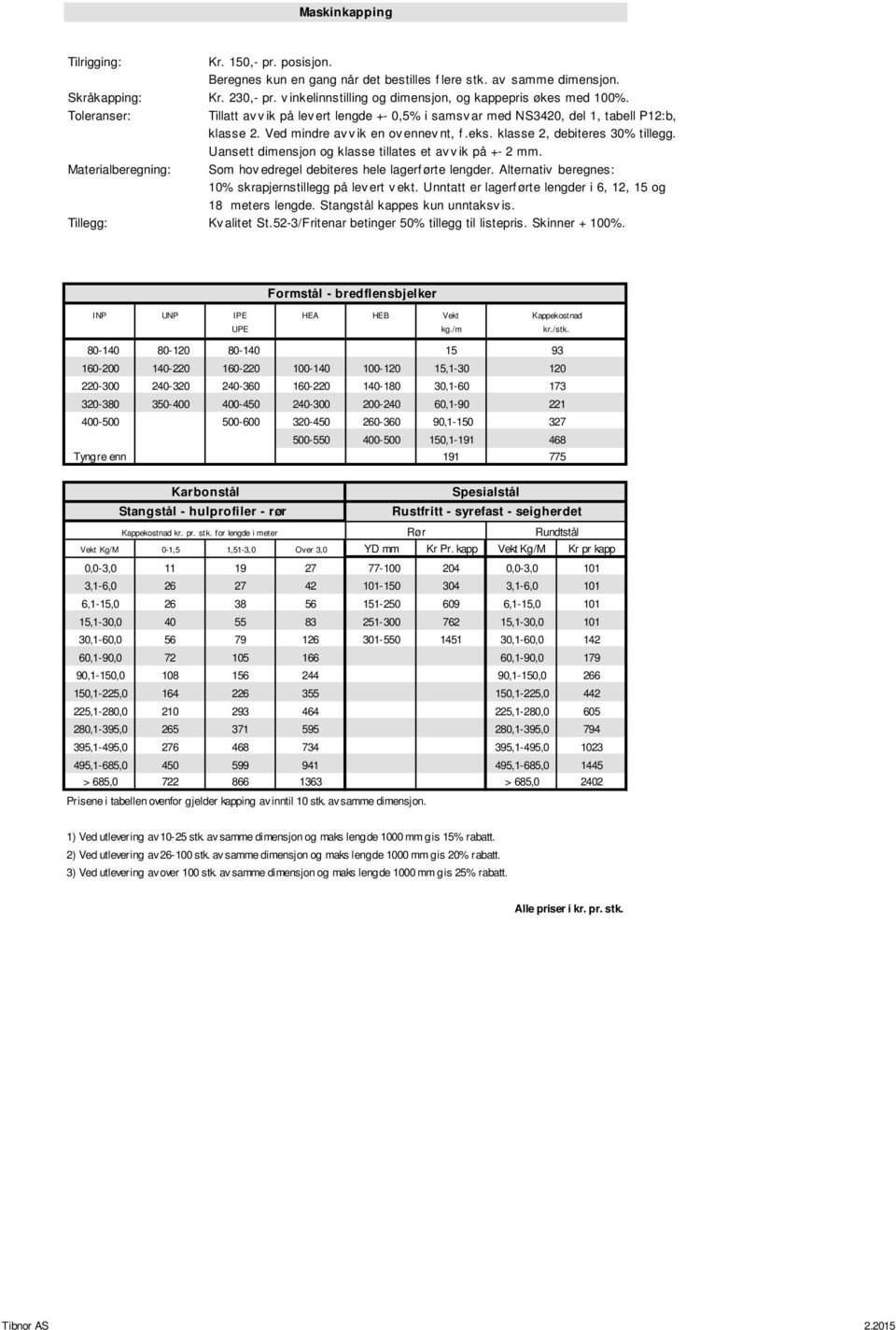 Ved mindre av v ik en ov ennev nt, f.eks. klasse 2, debiteres 30% tillegg. Uansett dimensjon og klasse tillates et av v ik på +- 2 mm.