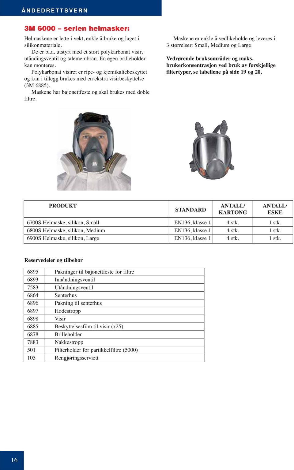 Maskene har bajonettfeste og skal brukes med doble filtre. Maskene er enkle å vedlikeholde og leveres i 3 størrelser: Small, Medium og Large. Vedrørende bruksområder og maks.