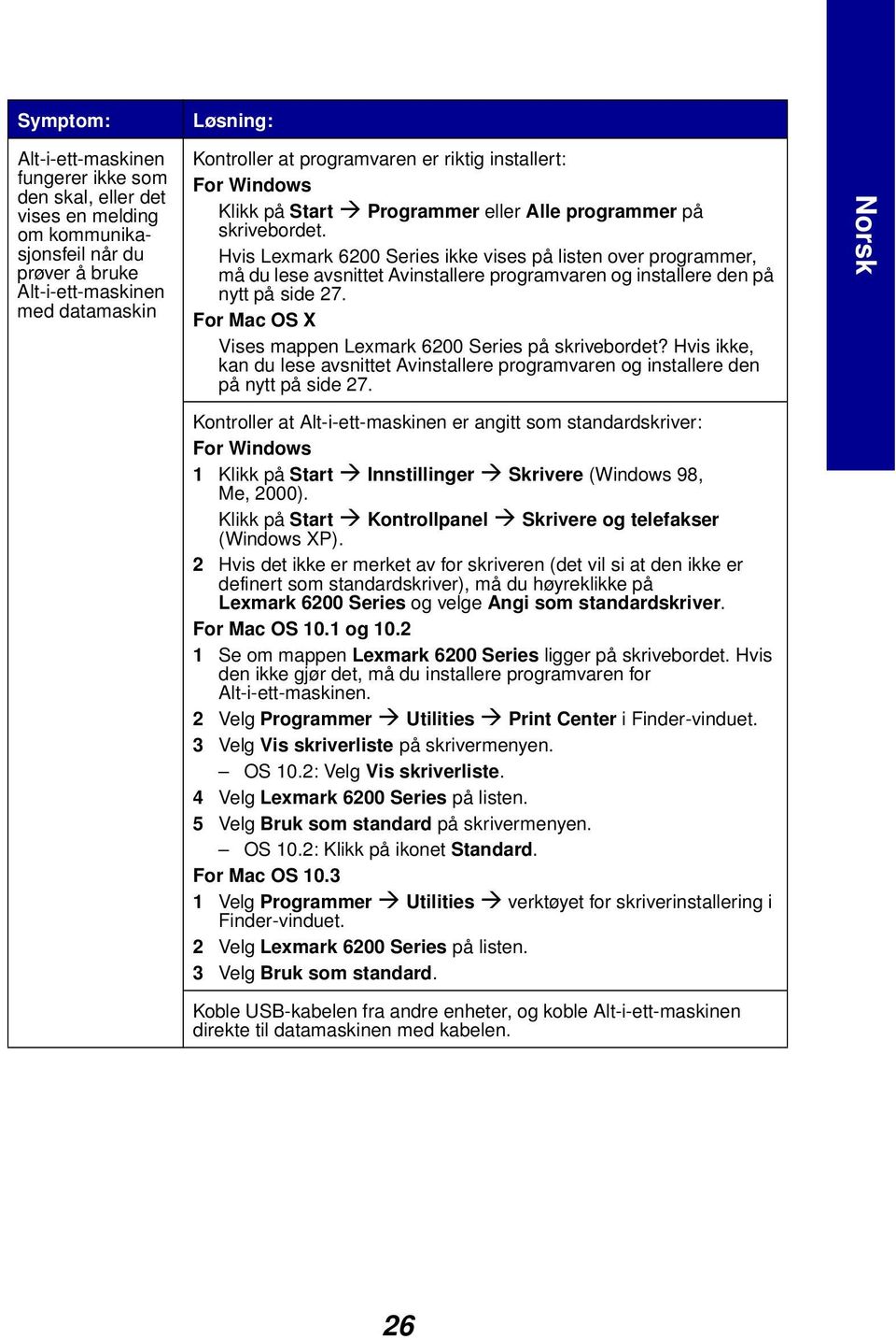 Hvis Lexmark 6200 Series ikke vises på listen over programmer, må du lese avsnittet Avinstallere programvaren og installere den på nytt på side 27.