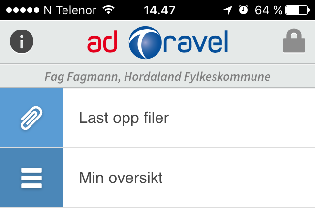 Inngangsbilete Du er nå logga på AD Travel si mobile-løysning (app).