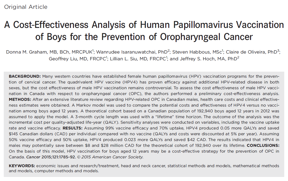 Kost-nytte analyse - kreft i svelget hos menn En kanadisk modelleringsstudie konkluderte med at HPVvaksinering av 12 år