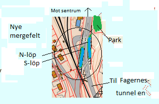 Gang og sykkelsti föres sannsynligvis i parallell med nordgående trasè fra Fagernesveien, som i dag. Det som da gjenstår er et sydlig utlöp fra sentrumstunnelen (3.).