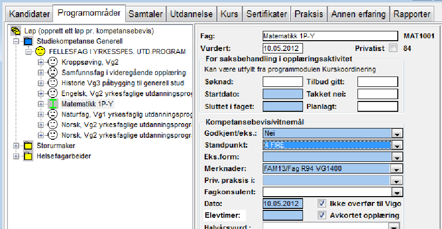 REGISTRERING SAMTALER REALKOMP.VURDERING OPPLÆRING DOKUMENTASJON RYDDING VEDL. Registrering av fellesfag, yrkesfag Marker Programområde FELLESFAG I YRKESSPES.UTD.PROGRAM, trykk på knappen Velg fag.