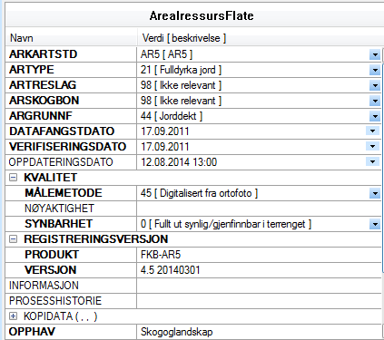4.2.2. Rediger egenskaper for AR5flate Velg meny Kartredigering Gi/Endre Egenskaper. Pek på aktuell AR5flate og rediger etter behov alle påkrevde egenskaper.