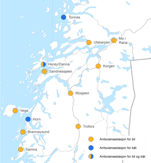 Ambulanseplan 2015-2025 generell del 2.3 Ambulansestruktur Det vil være totalt 12 stasjoner som dekker ambulanseberedskapen på Helgeland i ny revidert ambulanseplan.