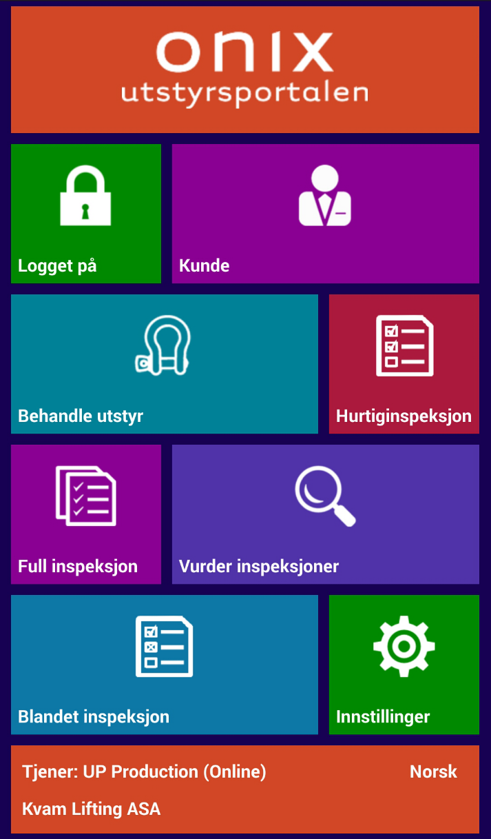 START INSPEKSJONEN Figur 2: Hovedmeny Hovedmenyen har 8 valg som tilsvarer 8 seksjoner: Logget på: Se Logon siden eller logg inn med en annen konto. Kunde: Velg kunde og last ned utstyr.