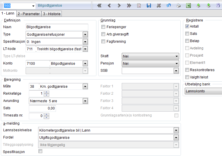 På fane 2-Parameter skal det være satt opp slik på denne lønnsarten: Utbetaler du bilgodtgjørelse
