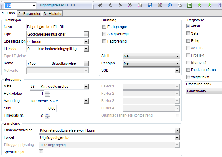 Utbetaler du bilgodtgjørelse til personer med el-bil trenger du denne lønnsarten: På fane 2 Parameter skal det være satt opp slik