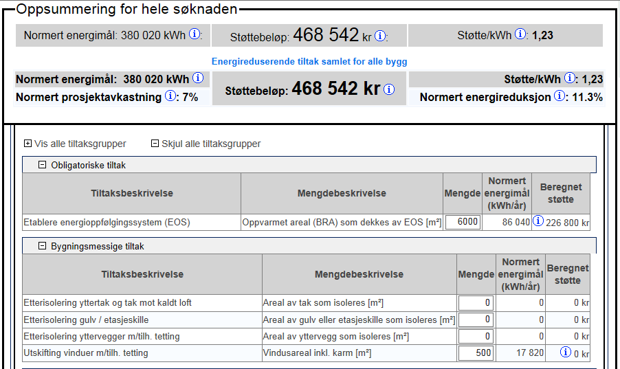 Fra søknadssenteret "Støtte til eksisterende bygg" Støtte beregnes automatisk Vises under søknadsutfyllingen Opptil 1,25 kr/kwh (ENØKtiltak)