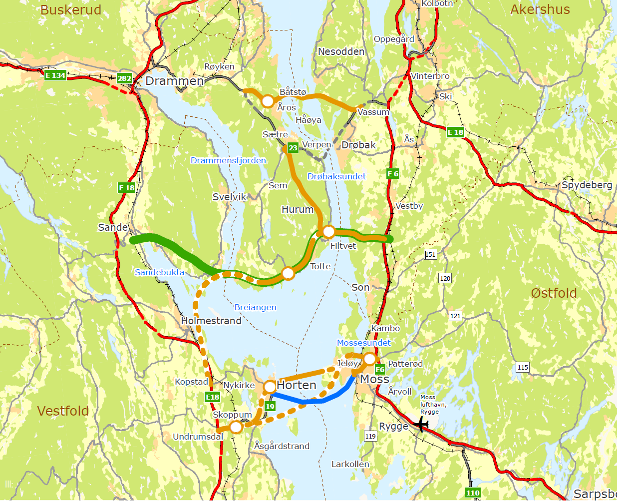 Det er store konflikter mellom transportmålene og klimamålet i valg mellom konsepter for utvikling av transportsystemet over Oslofjorden.