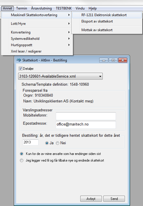 Fremgangsmåte Under menyvalg «Annet - Maskinell Skattekortoverføring», finner man et nytt grensesnitt, se under: Beskrivelse av felt i grensesnittet: Nedtrekksmeny Schema/Template definisjon: