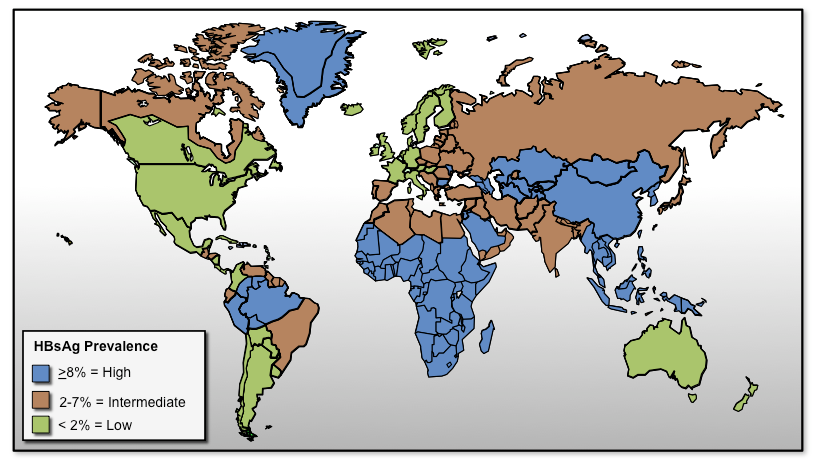 Forekomst av hepatitt B i verden < 1 % =