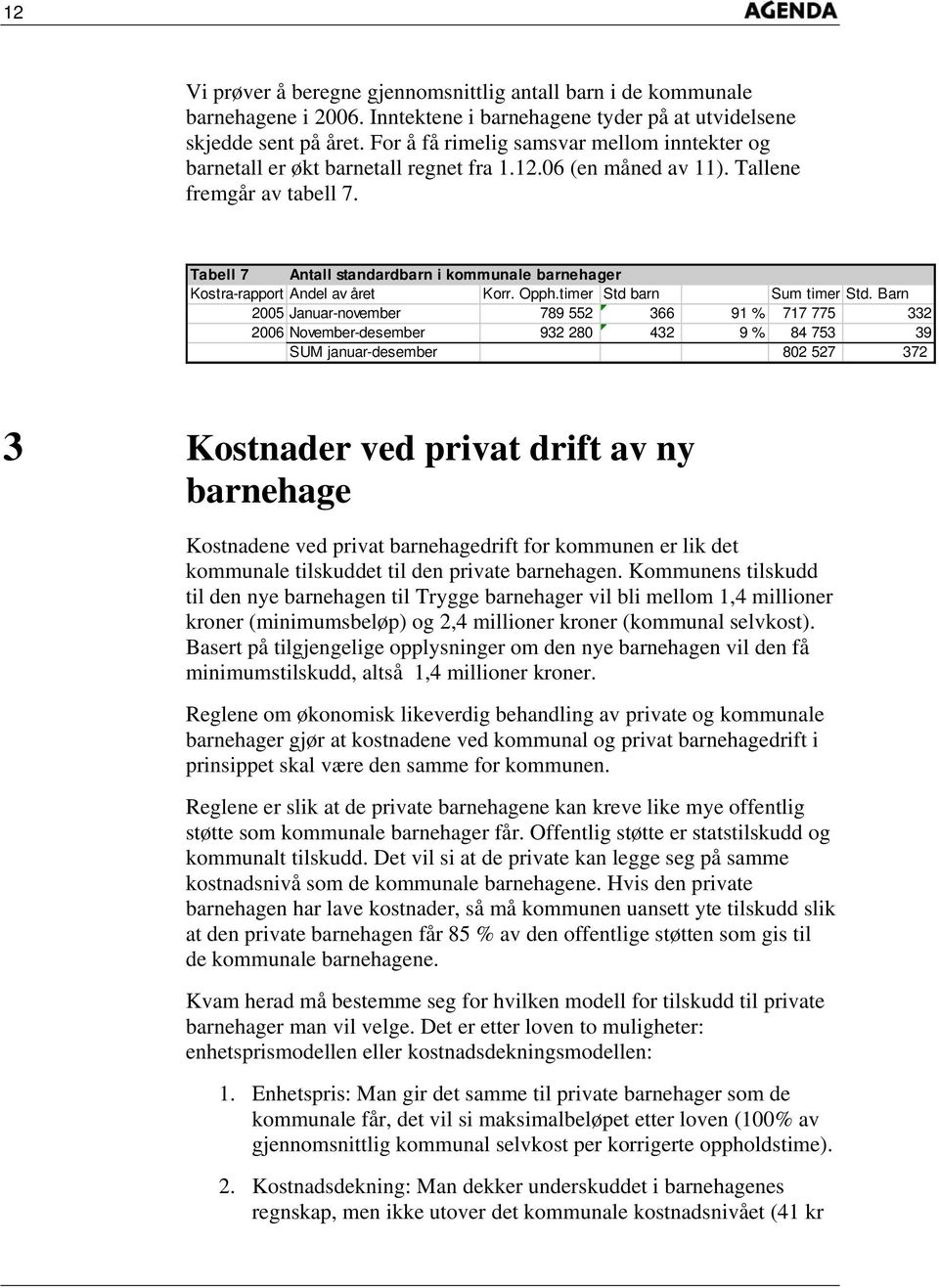 Tabell 7 Antall standardbarn i kommunale barnehager Kostra-rapport Andel av året Korr. Opph.timer Std barn Sum timer Std.