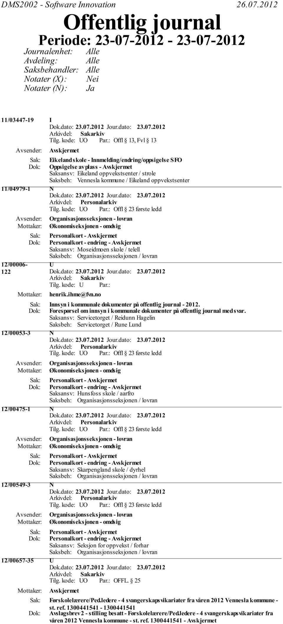 : Offl 13, Fvl 13 Eikeland skole - Innmelding/endring/oppsigelse SFO Oppsigelse av plass - Saksansv: Eikeland oppvekstsenter / strole Saksbeh: Vennesla kommune / Eikeland oppvekstsenter 11/04979-1 N