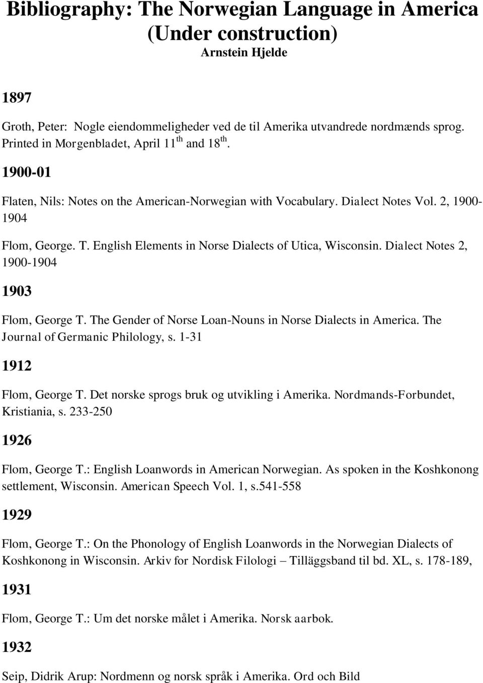 English Elements in Norse Dialects of Utica, Wisconsin. Dialect Notes 2, 1900-1904 1903 Flom, George T. The Gender of Norse Loan-Nouns in Norse Dialects in America.