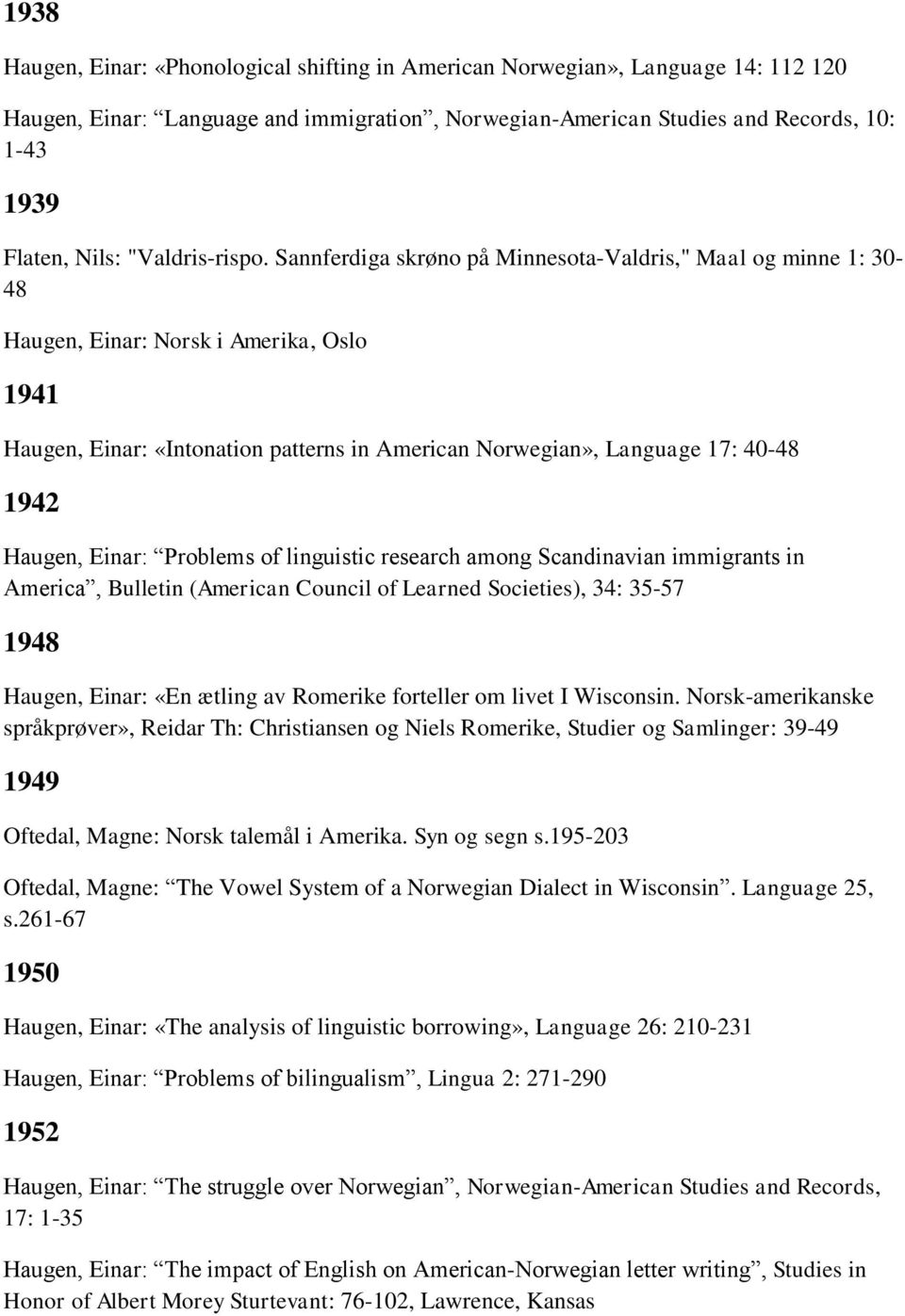 Sannferdiga skrøno på Minnesota-Valdris," Maal og minne 1: 30-48 Haugen, Einar: Norsk i Amerika, Oslo 1941 Haugen, Einar: «Intonation patterns in American Norwegian», Language 17: 40-48 1942 Haugen,